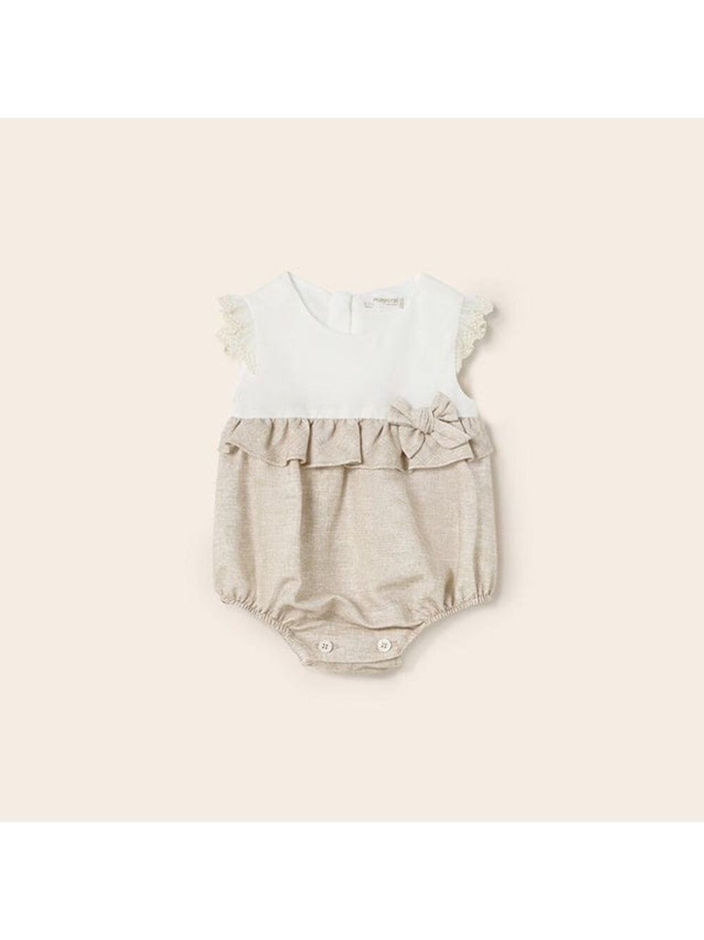 Size 4-6 months Mayoral White and Tan Ruffle Bodysuit